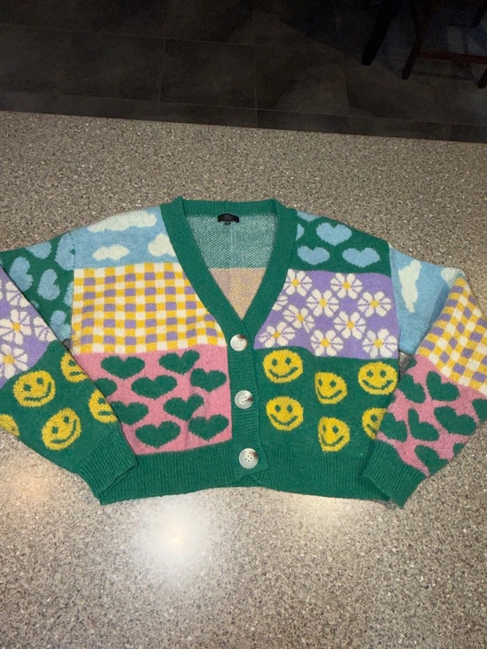 debut Sweaters - debut Green Multi-Color Patchwork Heart & Smile Cardigan